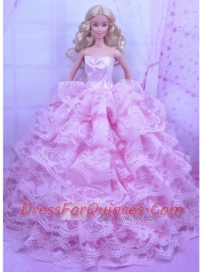 Exclusive Pink Gown With Ruffled Layers Dress For  Barbie Doll