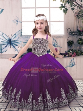 Inexpensive Purple Straps Neckline Beading and Appliques Little Girls Pageant Dress Sleeveless Lace Up