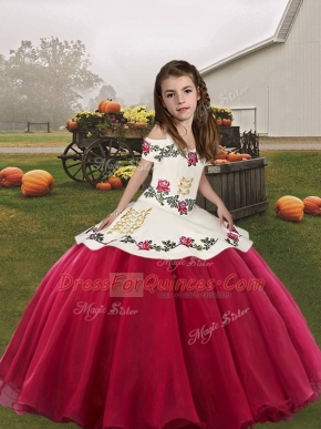 Coral Red Ball Gowns Organza Straps Sleeveless Embroidery Floor Length Lace Up Little Girl Pageant Gowns