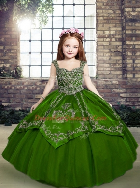 Dramatic Straps Sleeveless Pageant Dress for Girls Floor Length Beading and Embroidery Green Tulle