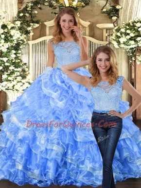 Sleeveless Organza Floor Length Zipper Vestidos de Quinceanera in Light Blue with Lace and Ruffled Layers