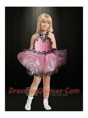 Popular Pink Ball Gown Halter Mini-length Little Girl Dress with Backless