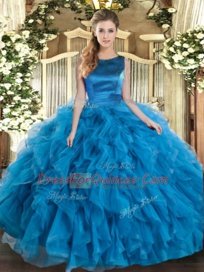 Wonderful Teal Ball Gowns Ruffles Sweet 16 Dress Lace Up Tulle Sleeveless Floor Length