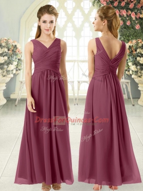 Burgundy V-neck Zipper Ruching Prom Gown Sleeveless