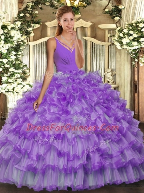 Sweet Lavender Sleeveless Floor Length Beading and Ruffled Layers Backless Quince Ball Gowns