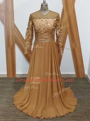 Sexy Brown Zipper Dress for Prom Lace Long Sleeves Brush Train