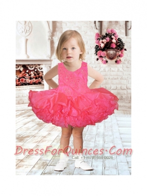 Scoop Short Mini-length Beading and Ruffles Little Girl Dress in Watermelon Red