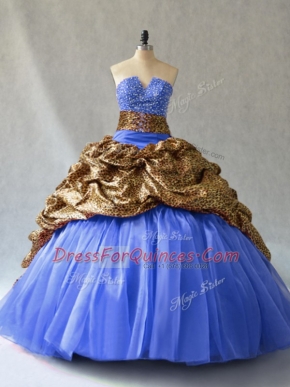 Brush Train Ball Gowns Quince Ball Gowns Blue V-neck Organza and Printed Sleeveless Lace Up