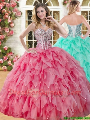 Perfect Big Puffy Coral Red Quinceanera Dress with Beading and Ruffles