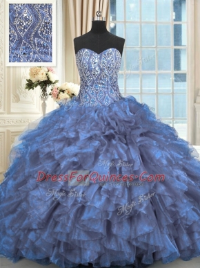 Lace Up Sweet 16 Dresses Blue for Military Ball and Sweet 16 and Quinceanera with Beading and Ruffles Brush Train