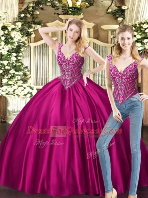 Fantastic Beading 15th Birthday Dress Fuchsia Lace Up Sleeveless Floor Length