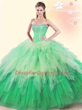 Pretty Multi-color Tulle Lace Up Sweet 16 Dress Sleeveless Floor Length Beading and Ruffles