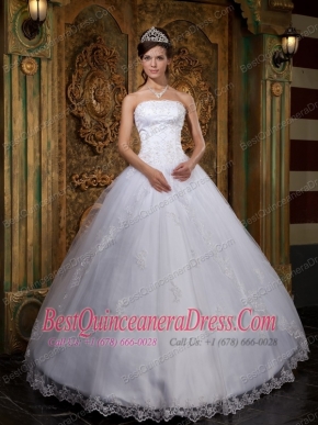 White Ball Gown Strapless Floor-length Satin and Tulle Lace Quinceanera Dress