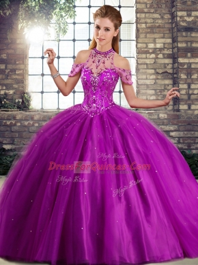 Sleeveless Brush Train Beading Lace Up 15 Quinceanera Dress