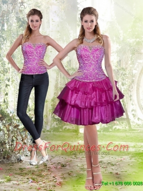 2015 Detachable Fuchsia Prom Dress with Embroidery and Ruffled Layers