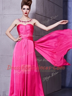 Sleeveless Elastic Woven Satin Floor Length Zipper Dress for Prom in Hot Pink with Ruching