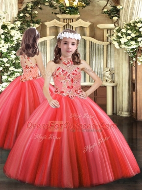 Sleeveless Lace Up Floor Length Appliques Girls Pageant Dresses