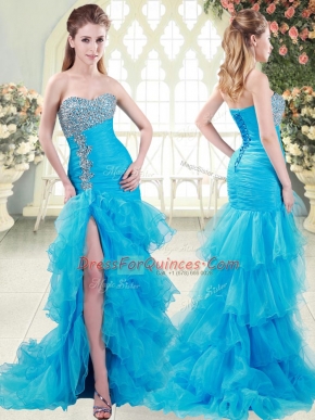 Elegant Sleeveless Brush Train Lace Up Beading and Ruffled Layers
