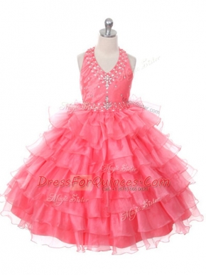 On Sale Coral Red Sleeveless Beading and Ruffled Layers Floor Length Flower Girl Dress