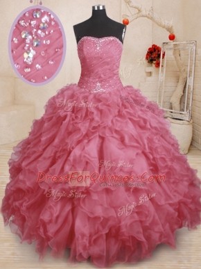 Strapless Sleeveless Lace Up Sweet 16 Dresses Pink Organza