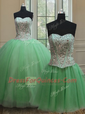 Decent Three Piece Tulle Sleeveless Floor Length Sweet 16 Dress and Beading