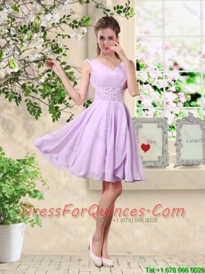 Popular V Neck Lavender Dama Dresses with Beading