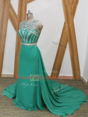 Chiffon Sleeveless Prom Gown Watteau Train and Beading