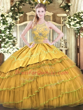 Flirting Floor Length Gold Quinceanera Gown Halter Top Sleeveless Zipper