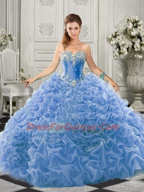 Super Light Blue Organza Lace Up Sweetheart Sleeveless Quinceanera Gowns Court Train Beading and Ruffles