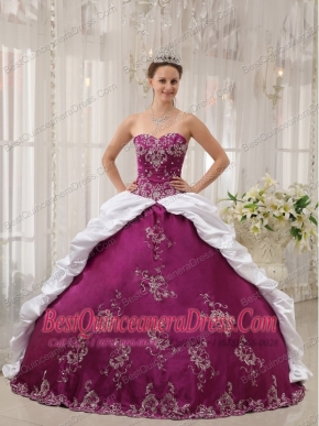 Purple and White Ball Gown Sweetheart Floor-length Satin and Taffeta Embroidery Quinceanera Dress