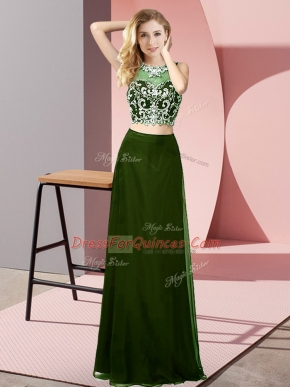 Scoop Sleeveless Backless Prom Gown Olive Green Chiffon