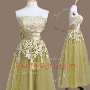Decent Sleeveless Tea Length Appliques Lace Up Court Dresses for Sweet 16 with Olive Green
