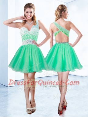 Charming One Shoulder Knee Length Criss Cross Dress for Prom Turquoise for Prom and Party with Beading