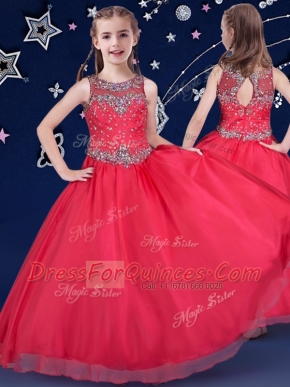 Clearance Ball Gowns Pageant Gowns For Girls Red Scoop Organza Sleeveless Floor Length Zipper