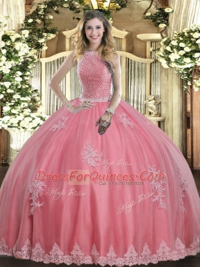 High Quality Baby Pink Lace Up Quince Ball Gowns Beading and Appliques Sleeveless Floor Length