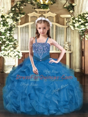 Blue Pageant Dress Toddler Party and Quinceanera with Beading and Ruffles Straps Sleeveless Lace Up