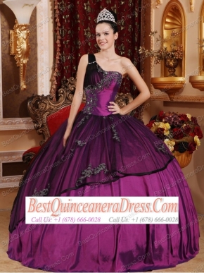 Purple Ball Gown One Shoulder Taffeta and Organza Beading and Appliques Quinceanera Dress