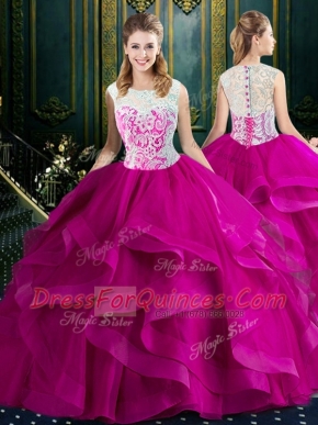 Designer Fuchsia Square Neckline Lace Sweet 16 Quinceanera Dress Sleeveless Clasp Handle