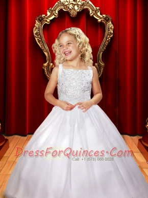 Simple Beading Square A-Line Floor-length Tulle Flower Girl Dress for 2014