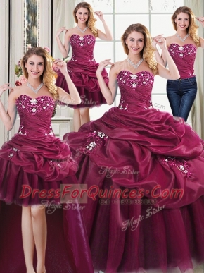 Four Piece Pick Ups Ball Gowns 15 Quinceanera Dress Burgundy Sweetheart Organza Sleeveless Floor Length Lace Up