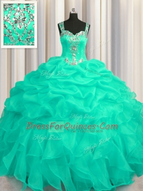 Sophisticated See Through Zipper Up Floor Length Turquoise Sweet 16 Dress Organza Sleeveless Appliques and Ruffles