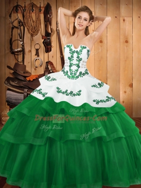 Green Sleeveless Sweep Train Embroidery and Ruffled Layers Vestidos de Quinceanera
