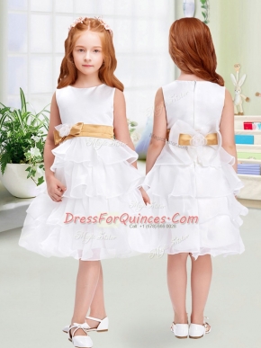 White Scoop Zipper Ruffled Layers and Bowknot Toddler Flower Girl Dress Sleeveless