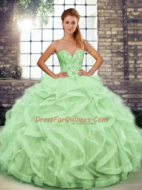 Suitable Apple Green Tulle Lace Up Sweetheart Sleeveless Floor Length Ball Gown Prom Dress Beading and Ruffles