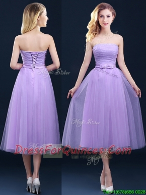 Discount Tea Length Tulle Lavender Dama Dresses with Belt