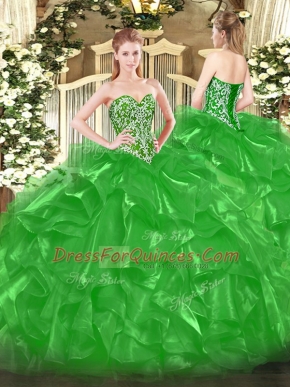 Excellent Green Sleeveless Floor Length Beading and Ruffles Lace Up 15 Quinceanera Dress