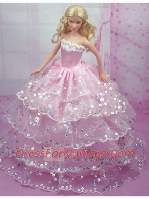 Luxurious Pink Gown With Sequins and Embroidery Made to Fit the Barbie Doll
