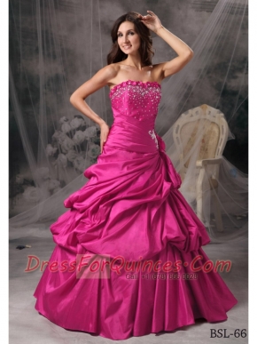 2014 Hot Pink A-Line Strapless Taffeta Cheap Quinceanera Dresses