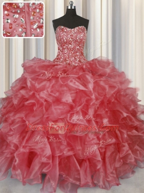 Sophisticated Visible Boning Sleeveless Floor Length Beading and Ruffles Lace Up Sweet 16 Quinceanera Dress with Coral Red