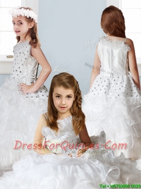 Fashionable Asymmetrical Neckline Flower Girl Dress with Beading and Ruffles